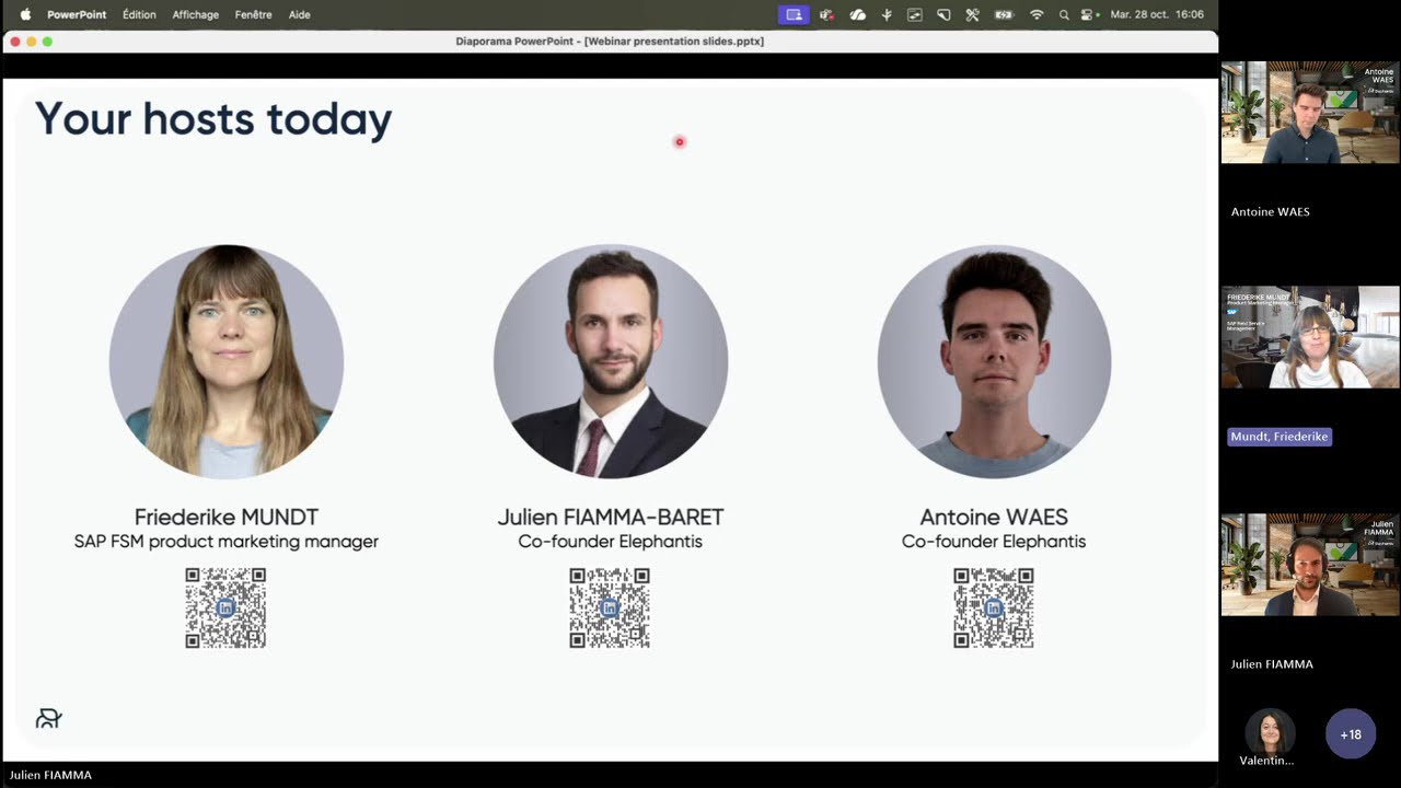 Elephantis webinar "Unlock the Power of SAP FSM Extensions" (October 2025): the slide introducing the three hosts, Friederike Mundt for SAP, Julien Fiamma-Baret and Antoine Waes for Elephantis.