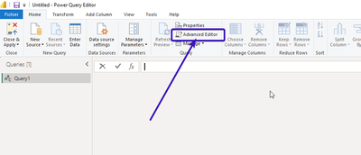 Ruban du Power Query Editor de Power BI, avec une flèche pointant l'entrée « Advanced Editor » du groupe Query.