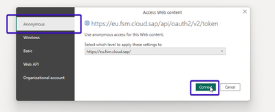 Fenêtre « Access Web content » pour l'URL https://eu.fsm.cloud.sap/api/oauth2/v2/token, l'onglet « Anonymous » sélectionné dans la colonne de gauche et le bouton « Connect » mis en évidence.