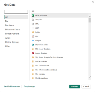 Fenêtre « Get Data » de Power BI : la liste des connecteurs disponibles — Excel, Text/CSV, XML, JSON, PDF, SharePoint, SQL Server, Oracle, IBM Db2, MySQL — sans aucune entrée Field Service Management.