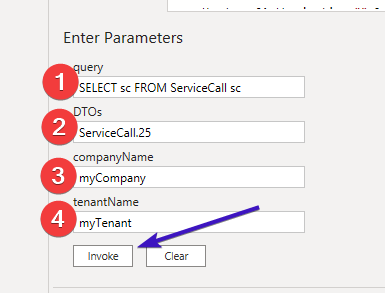 Le panneau « Enter Parameters » rempli : query vaut SELECT sc FROM ServiceCall sc, DTOs vaut ServiceCall.25, companyName vaut myCompany et tenantName vaut myTenant, une flèche pointant le bouton Invoke.