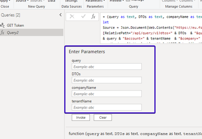 Power Query affichant la fonction enregistrée : le volet Queries liste « GET Token » et « Query2 », et le panneau « Enter Parameters » présente les quatre champs vides query, DTOs, companyName et tenantName, avec les boutons Invoke et Clear.