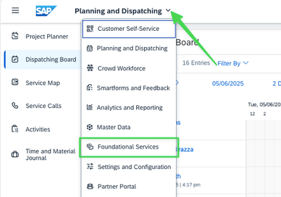Menu contextuel de SAP FSM déroulé, l'entrée « Foundational Services » encadrée parmi Planning and Dispatching, Master Data et les autres.